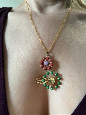 Hand-Crafted Gold-Tone Floral Pendant Necklace with Pink and Green Accents